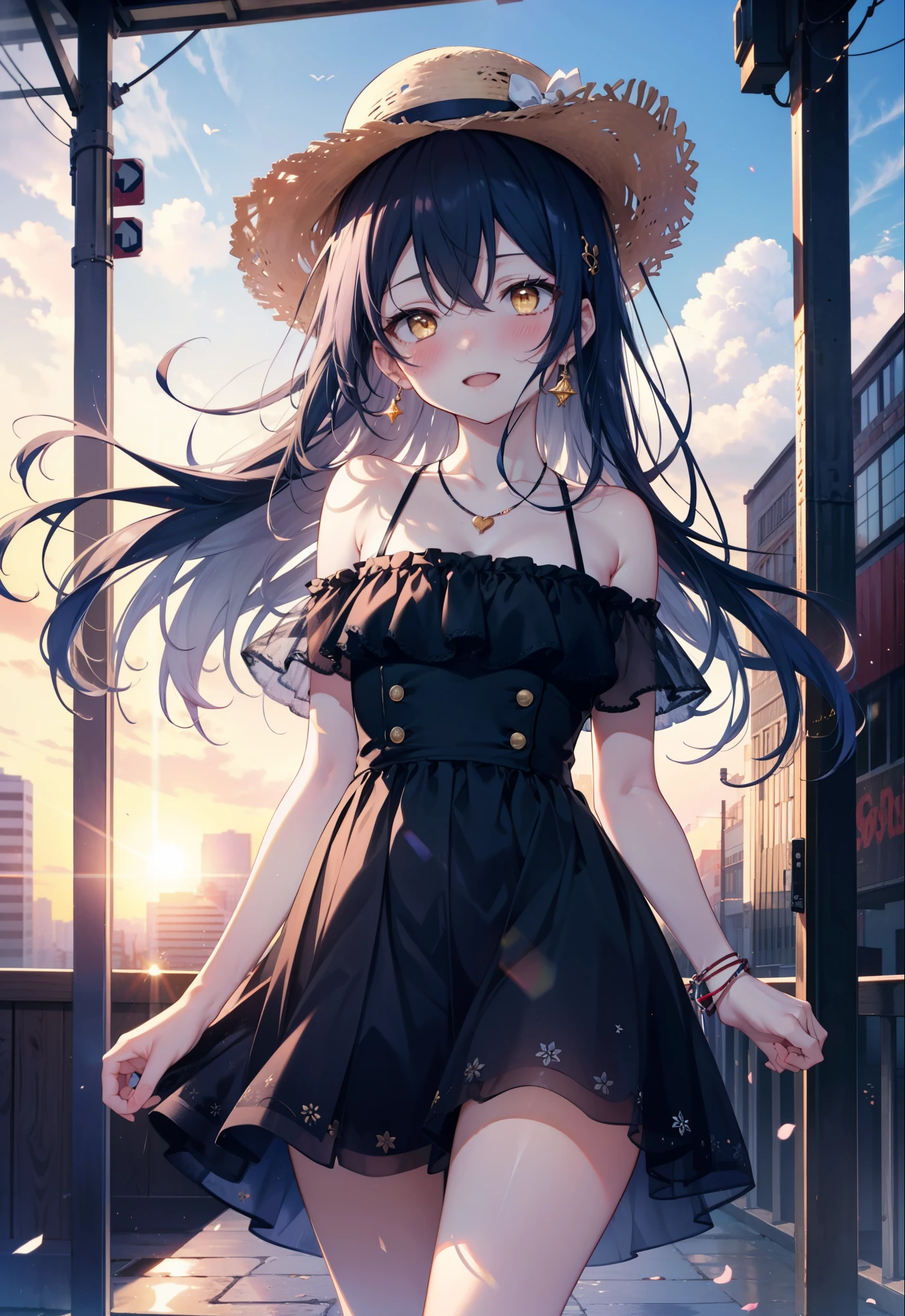 you are so kind, umi sonoda, Long Hair, Blue Hair, (Yellow Eyes:1.5) (Flat Chest:1.2),smile,blush,Open your mouth,Straw hat,Blue long skirt one-piece dress,Cute Sandals,Bare shoulders,Bare arms,bare clavicle,Bare neck,Heart Necklace,Clear skies,Daytime,Light of the sun,City Street,whole bodyがイラストに入るように,
break looking at viewer,whole body, (Cowboy Shot:1. 5)
break outdoors, In town,Building district, 
break (masterpiece:1.2), highest quality, High resolution, unity 8k wallpaper, (figure:0.8), (Beautiful fine details:1.6), Highly detailed face, Perfect lighting, Highly detailed CG, (Perfect hands, Perfect ???????),