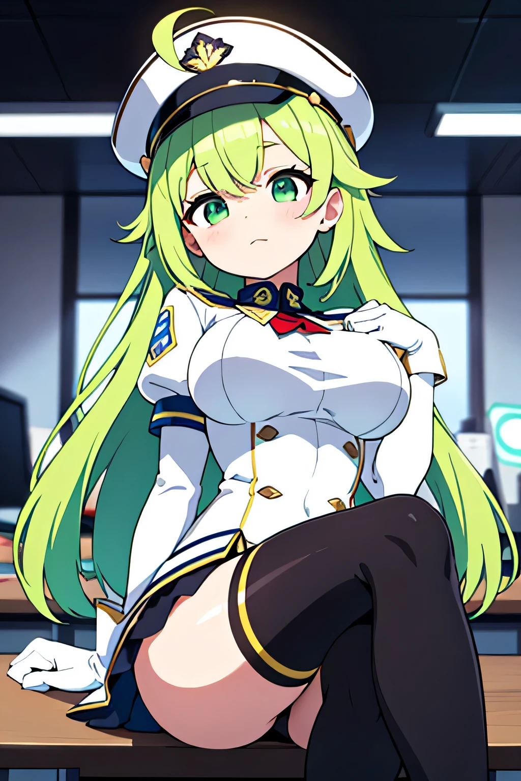 ((highest quality)), ((masterpiece)), (be familiar with), lens white flare, Transparent contrast, masterpiece, Blue Archive, Ample breasts, White Marine Uniform, White Marine Hat, White Leather Gloves, 30 years old, cool, , , Perfect Face, Super long yellow-green hair, Ahoge, Attractive detailed glowing green eyes, looking at the camera, ((black tights)), Great people, office ,machine, Sitting in a chair, A man is groping her breasts