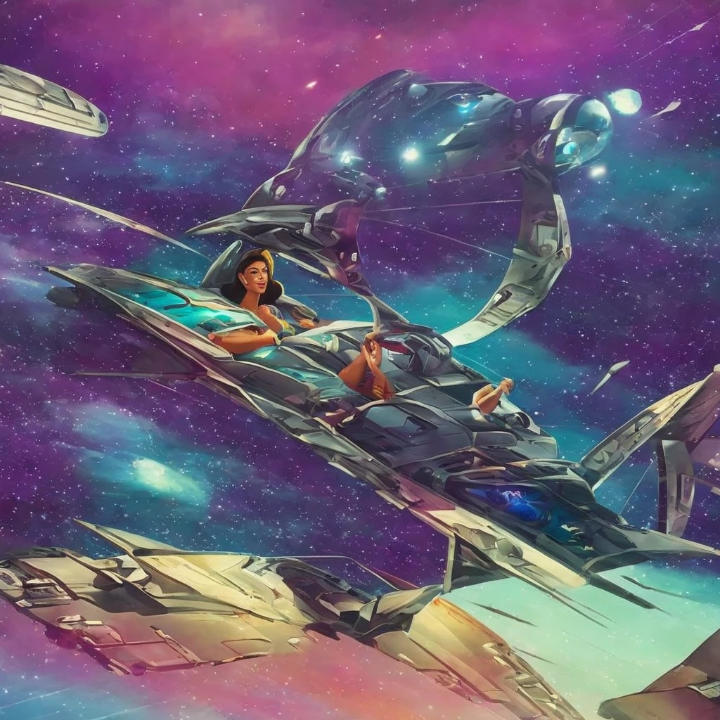 A busty woman, aged 40, from Malaysia, wearing a sexy space micro bikini with a hijab covering her hair, is looking out of a window on her spaceship. The window overlooks a blurred motion of the outside, indicating a high-speed interstellar journey. The woman's confident gaze and the expression on her face suggest a sense of adventure and excitement. The window is surrounded by blinking lights and high-tech gadgets, showcasing the advanced technology and futuristic aesthetic of the spaceship. The lights create a mesmerizing display, illuminating the woman's face and highlighting her intriguing presence. The space suit she wears sexy, small, sleek and form-fitting, emphasizing her curves and adding to the overall sensuality of the scene. The colors in the artwork are vibrant and dynamic, representing the vastness and beauty of the cosmos. Soft, ethereal blues and purples dominate the color palette, with occasional pops of bright and vivid colors. The lighting inside the spaceship is dim and atmospheric, casting dramatic shadows and enhancing the overall ambiance of the scene. The space ship itself is a marvel of engineering and design, with clean lines and futuristic shapes, seamlessly blending function and aesthetics. Overall, the prompt captures a compelling mix of sensuality and high-tech futurism, creating a visually stunning and captivating scene.
