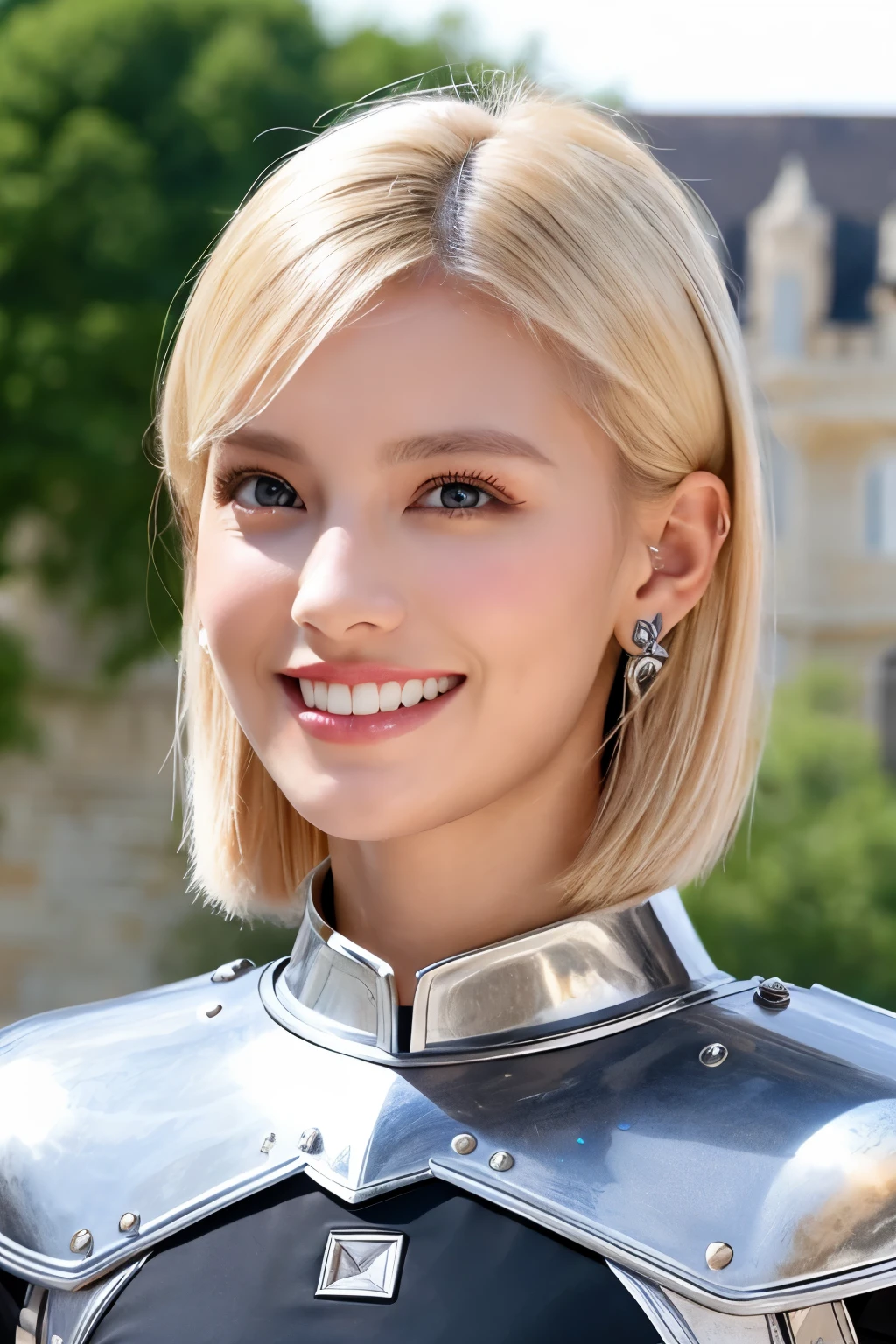 8K、highest quality、female knight、Luxurious Silver Armor、、hairstyle short cut、smile、Beautiful Teeth、Full body photo、ear piercing、blonde、White woman、blue eyes、Heavy makeup、The background is inside the castle