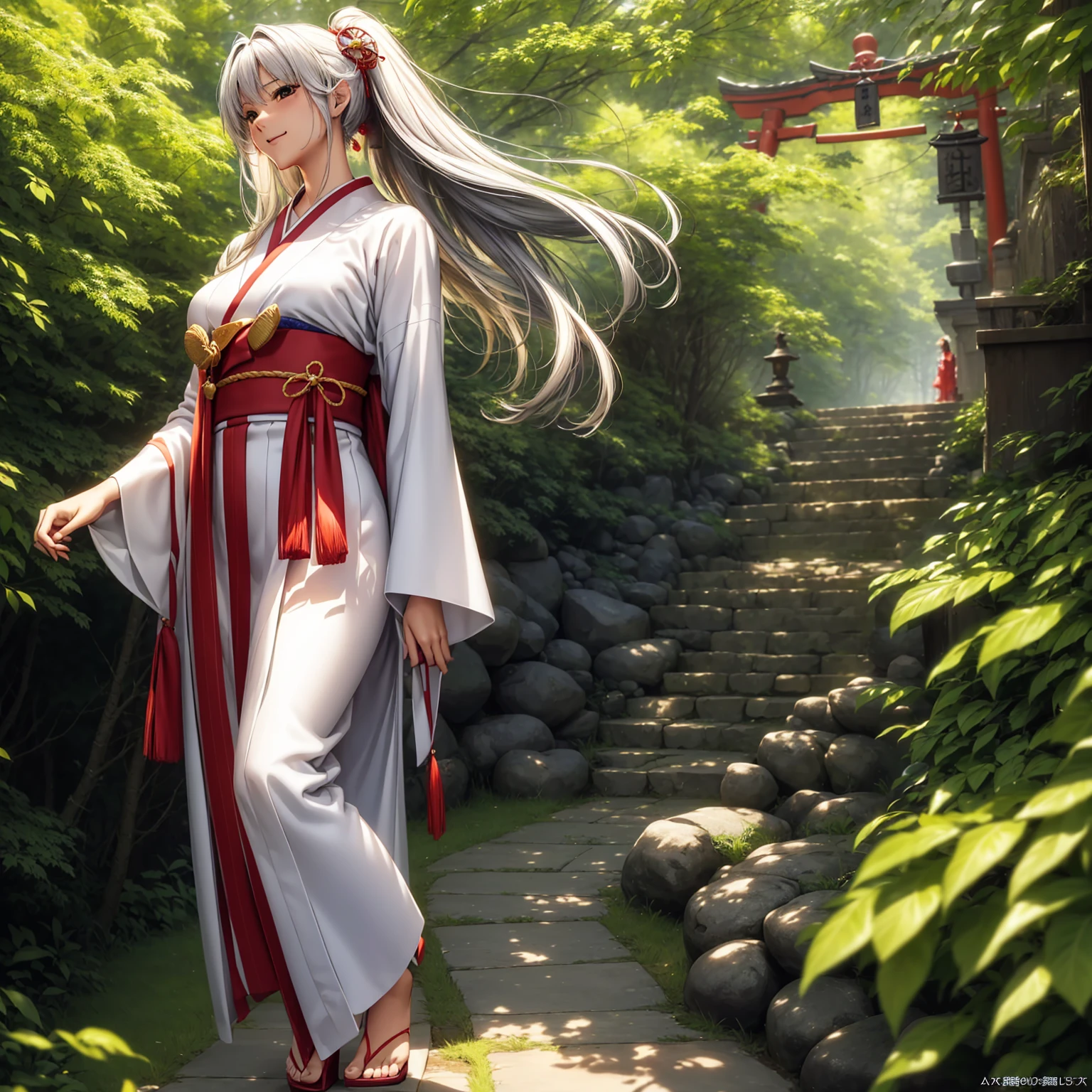 (((highest quality、masterpiece、Very high resolution、High-definition images)))、Beauty Painting、(One strong, beautiful woman:18-year-old、Beautiful body:Slender, beautiful breasts and beautiful legs、Beautiful Face:smile、eyes with strong will,Beautiful Hair)、best skin and hair texture,Realistic skin texture,realistic hair texture、(shrine maiden costume:White:scarlet hakama)、Beautiful shrine、Beautiful pine tree、Beautiful sky、Natural light、Beautiful viewodel pose、Beautiful pose、Model shoot、Gravure photoshoot、(((The wind is blowing))),Accurate Images:1.5、Accurate anatomy:1.5、Flawless images、Perfect image、Overall image、(Best Shot、Raw photo、Photorealistic)1