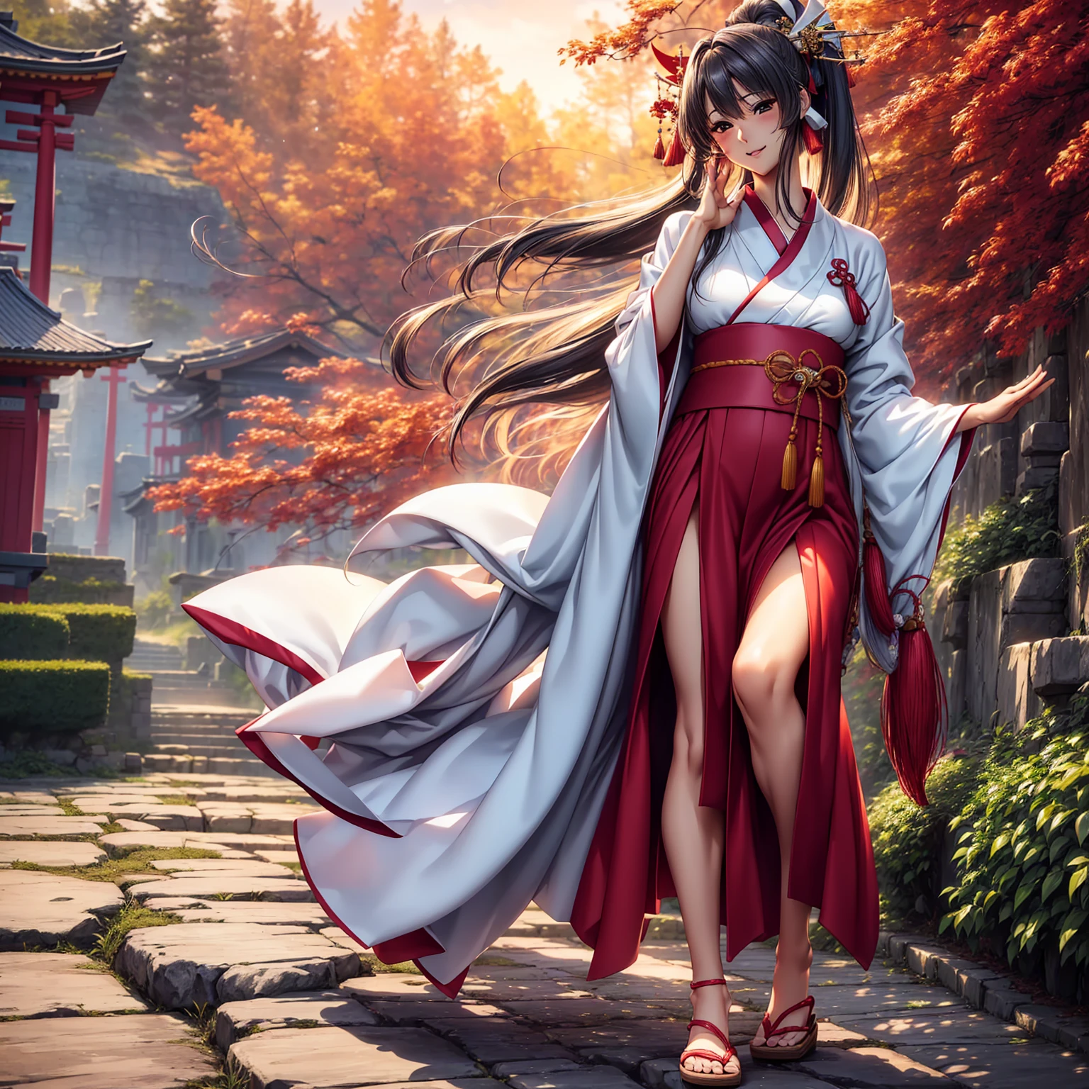 (((highest quality、masterpiece、Very high resolution、High-definition images)))、Beauty Painting、(One strong, beautiful woman:18-year-old、Beautiful body:Slender, beautiful breasts and beautiful legs、Beautiful Face:smile、eyes with strong will,Beautiful Hair)、best skin and hair texture,Realistic skin texture,realistic hair texture、(shrine maiden costume:White:scarlet hakama)、Beautiful shrine、Beautiful pine tree、Beautiful sky、Natural light、Beautiful viewodel pose、Beautiful pose、Model shoot、Gravure photoshoot、(((The wind is blowing))),Accurate Images:1.5、Accurate anatomy:1.5、Flawless images、Perfect image、Overall image、(Best Shot、Raw photo、Photorealistic)1