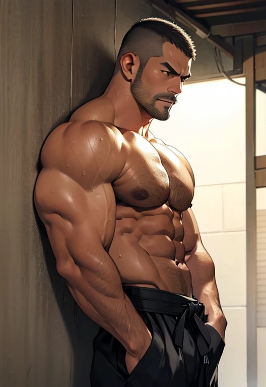 Shirtless and wearing white pants、A 35-year-old Japanese, bare-chested, skinny physique athlete with a shaved head, black belt and moustache is leaning his back against a wall in a dimly lit dojo.,Oblique front view from the waist up,Put your hands in your pockets,sweat flowing,Open your mouth wide,His whole back is against the wall,staring straight ahead,A fierce look