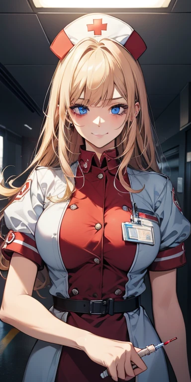 ((Best quality, 8k, Masterpiece: 1.3)), Highly detailed face and skin texture, Detailed eyes, textured skin, highres, nurse, hospital, nurse cap, smile, blue eyes, blonde, (syringe), (crazy, yandere), cowboy shot (top-quality), (ultra-detailliert), (masuter piece), (hight resolution), (Original),