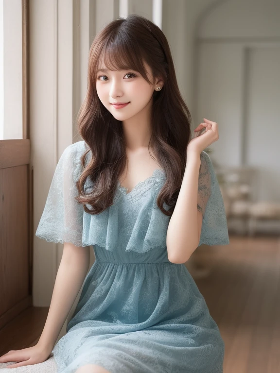 リアルな写真image quality、８ｋimage quality、Arafe woman in a pale blue dress, romantic dress, Cute and elegant pose,  In a dress, Sexy Dress, adorable and cute, Girly light blue dress,  Cute and adorable, Light Blue Gray, Japanese female fashion model, Sheer lace mini dress、Cute Smile、Beautiful Eyeedium long brunette hair、Professional Lighting、Detailed and gentle realistic facial expression、22-year-old fashion model、Idol、Hands, feet and beautiful face