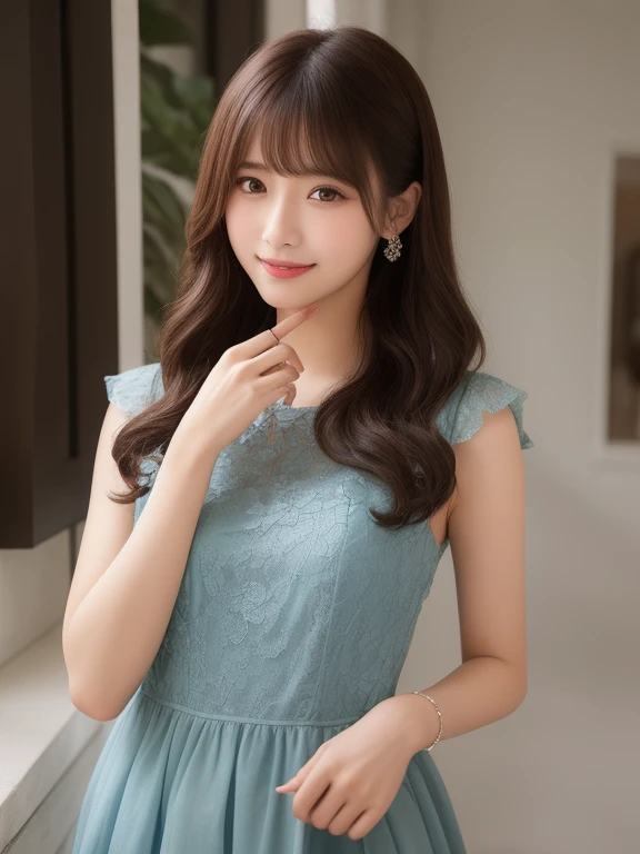 リアルな写真image quality、８ｋimage quality、Arafe woman in a pale blue dress, romantic dress, Cute and elegant pose,  In a dress, Sexy Dress, adorable and cute, Girly light blue dress,  Cute and adorable, Light Blue Gray, Japanese female fashion model, Sheer lace mini dress、Cute Smile、Beautiful Eyeedium long brunette hair、Professional Lighting、Detailed and gentle realistic facial expression、22-year-old fashion model、Idol、Hands, feet and beautiful face