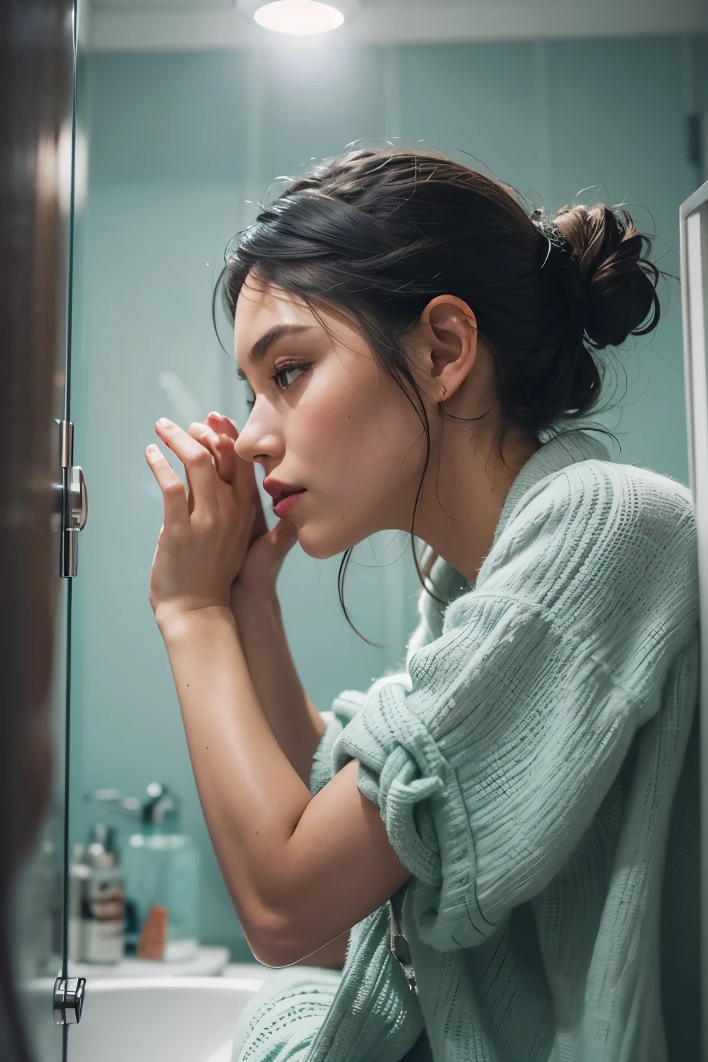 Araped woman with pulled back hair, Mint-colored, stylish bathroom, Madison Beer, without makeup, Profile picture, Use Instagram Filters, Subtle soft and dim light, perfect face, julia sardinian, perfect hands, Random Actions, Full-body view,