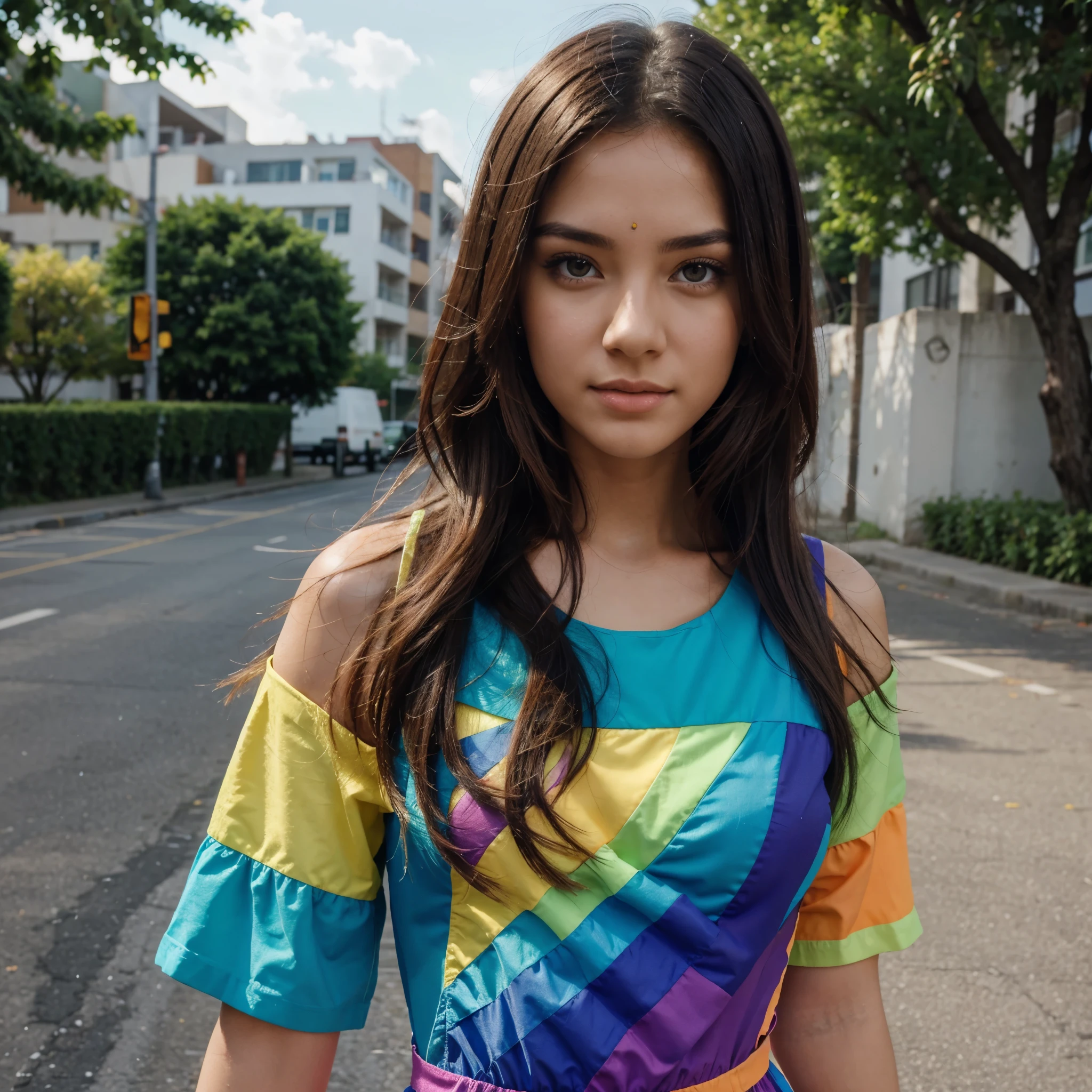 Generate a beautiful girl wearing a rainbow colour dress