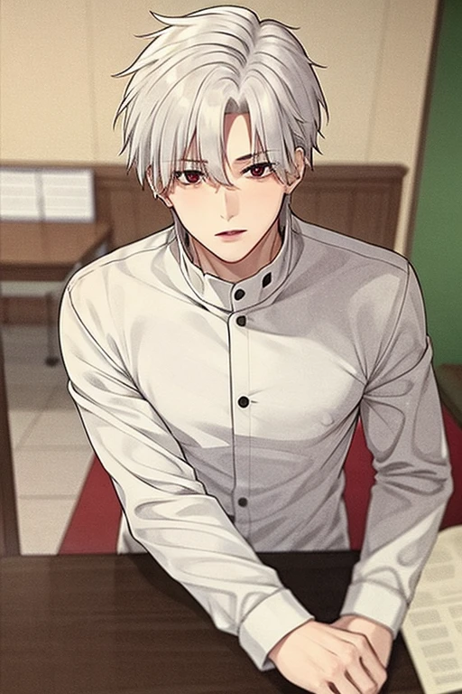 A young white haired handsome man with red eyes in a magic uniform is studying in the dorm room