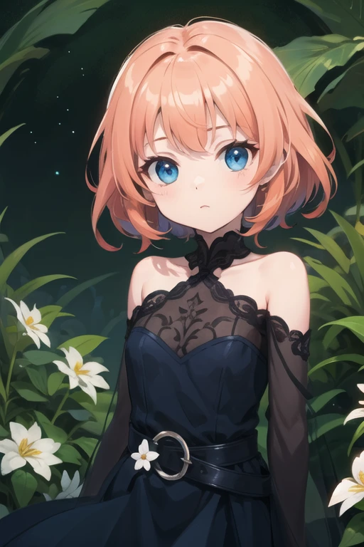 woman with reddish hair and blue eyes standing in a field of colorful flowers, anime girl wearing a dark blue dress, 