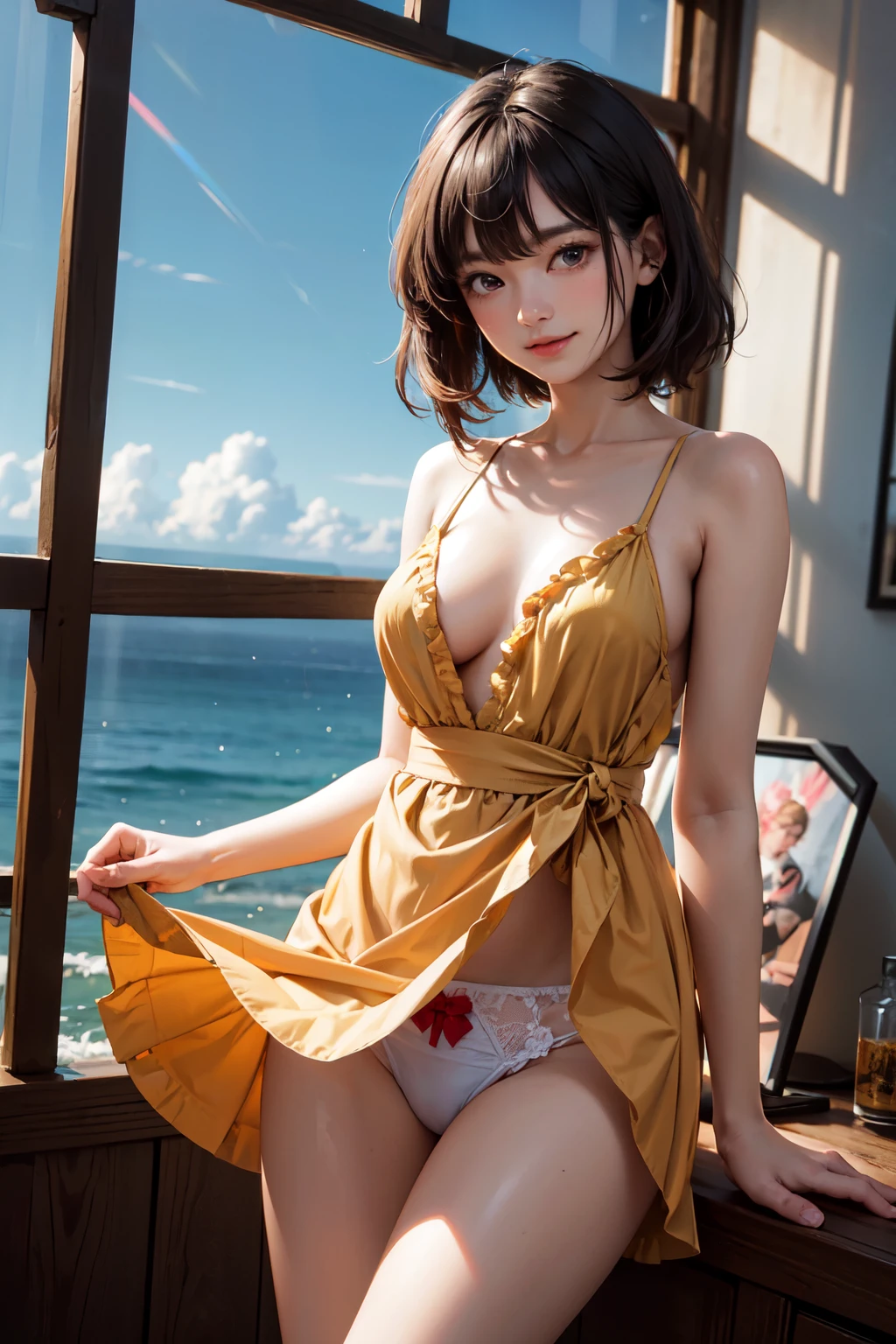 very cute and beautiful girl standing near window,
(floral yellow summer dress with detailed frills),sleeveless,detailed lace,skirt lift,(white panties),
(highly detailed beautiful face),antique hotel bedroom with outside view,distant trees and ocean,
cowboy shot,(smile:1.2),blush,looking at viewer,medium hair,black hair,
(best quality,masterpiece:1.0),absurdres,highres,ultra-detailed,extremely detailed,32k,8k resolution,
intricate details,cinematic scene,detailed background,solo,dynamic angle,
natural lighting,light particles,beautiful detailed sky,