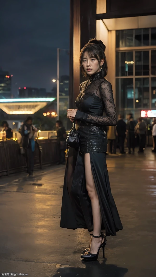 Inspired by the Avengers movie,The atmosphere of the battle,1 mature woman, (Looking at the audience:1.2), Facial details, (Woman standing, rending on cgsociety, Black Shadow, stream media, Chaoyang Park Background), Long legs, High heel,atmosphere, (original photo, best quality), (Practical, photo-Practical:1.3), masterpiece, extremely delicate and beautiful, Extremely detailed、Night view、(Depth of Field:1.3)、the crowd behind