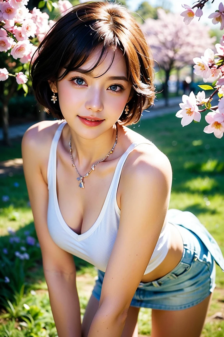 ((top-quality、8K、​masterpiece: 1.erfect Body Beauty: 1.4、Slender Abs: 1.2、Beautiful woman with slender abs:1.3、(Highlight Haircutreast B Cup:1.2), medium breast, round shape breast, perfect shape breast, ((swimsuit deep neck line )),  necklace, hyperdetailed face、18year old、 Pretty women、(Dark brown short-cut hair), Slim Face、Highly detailed facial and skin texture、very detailed lips、opens legs、top-quality、​masterpiece、超A high resolution、(Photorealsitic:1.4), walked forward confidently, long shot , (in park with blur background), bright background, sunset light,