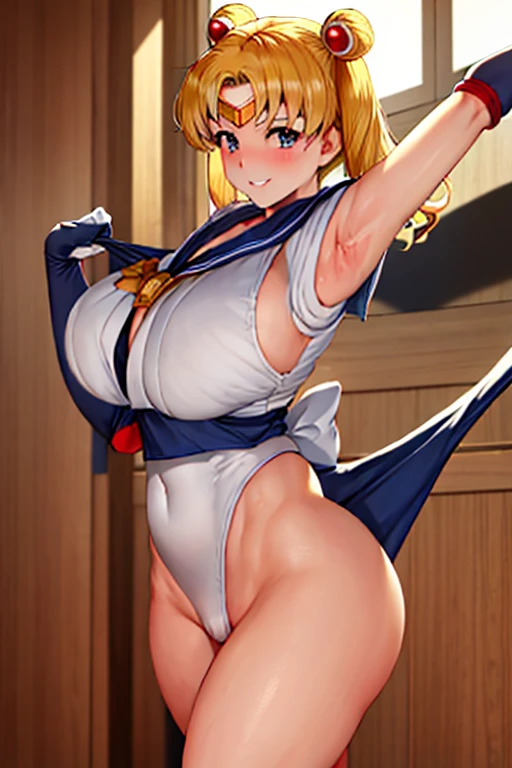 masterpiece, best quality, beautiful art, high resolution, well formed hands, body and fingers, 1 woman, solo, Sailor Moon, blonde, pigtails, adult, grown up, big breasted, cleavage, full body, wearing a Iroha Samurai Shodown outfit, hair ornament, gorgeous legs and thighs, maid, sexy Japanese clothes, pelvic curtain, black stockings, sleeveless, leotard peeking, sexy sailor senshi uniform, blue skirt lifted, long elbow gloves, sailor collar, she is doing exercise, warming up, stretching her body, bouncing breasts, sexy and erotic training, working out, sweating, smiling joyfully and brightly, training montage session, beach environment