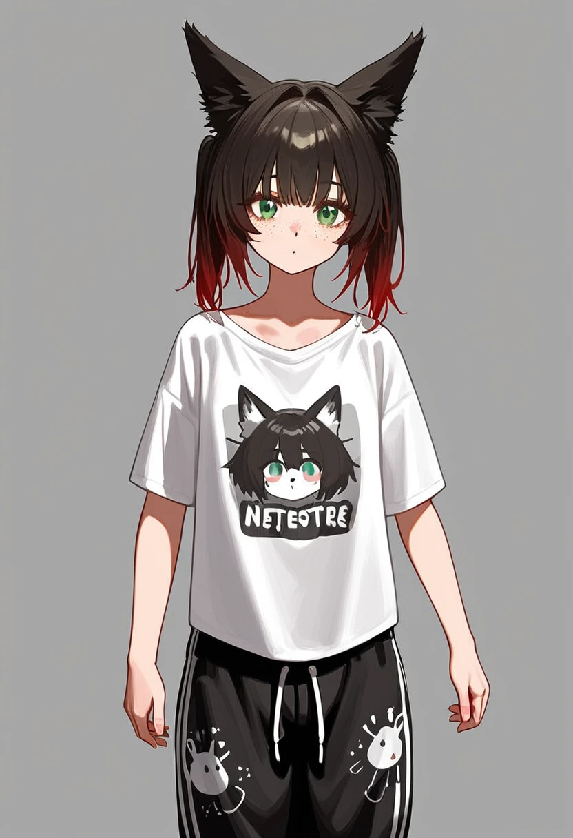 masterpiece, best quality, beautiful face, beautiful eyes, detailed,, 1girl, fox ears, (black hair|red hair), gradient hair, short hair, twintails, green eyes, [freckles], white shirt with print, baggy pants