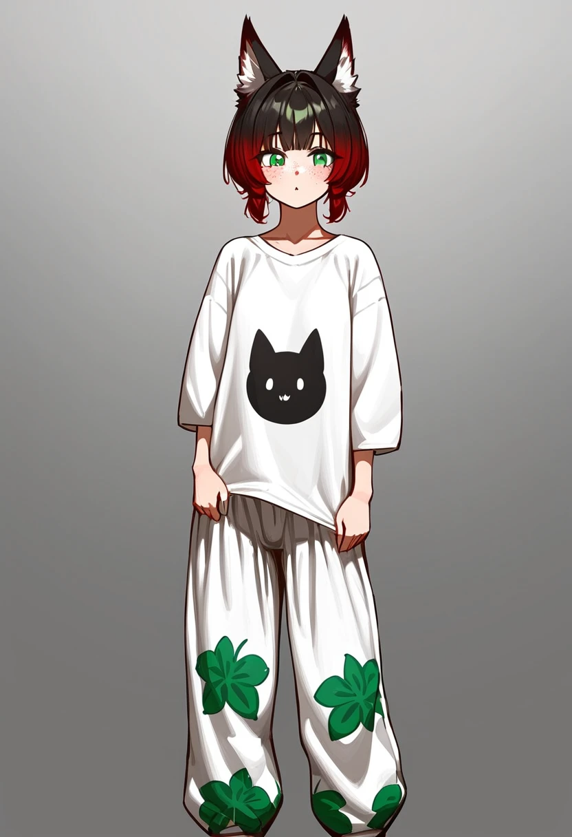 masterpiece, best quality, beautiful face, beautiful eyes, detailed,, 1girl, fox ears, (black hair|red hair), gradient hair, short hair, twintails, green eyes, [freckles], white shirt with print, baggy pants