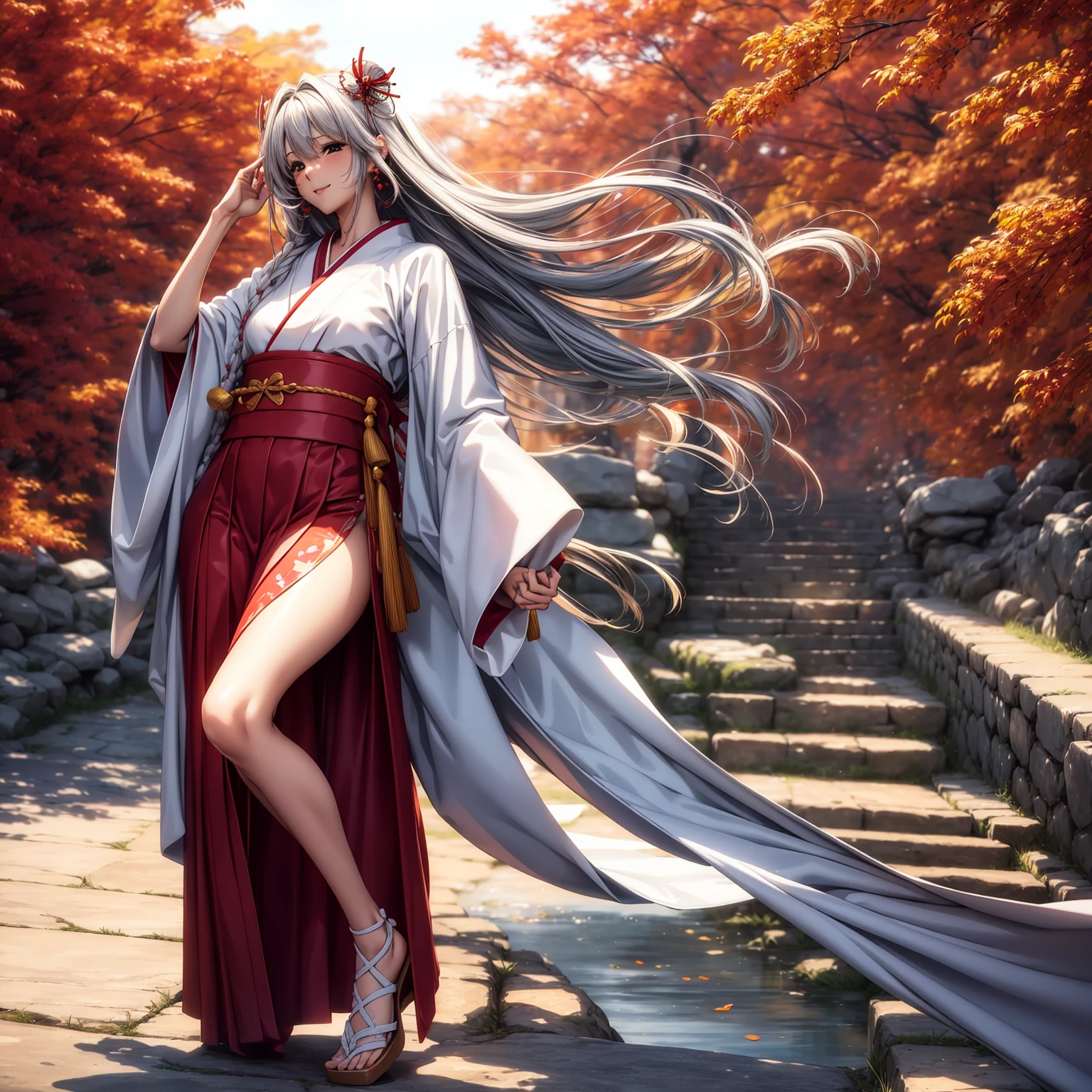 (((highest quality、masterpiece、Very high resolution、High-definition images)))、Beauty Painting、(One strong, beautiful woman:18-year-old、Beautiful body:Slender, beautiful breasts and beautiful legs、Beautiful Face:smile、eyes with strong will,Beautiful Hair)、best skin and hair texture,Realistic skin texture,realistic hair texture、(shrine maiden costume:White:scarlet hakama)、Beautiful shrine、Beautiful pine tree、Beautiful sky、Natural light、Beautiful viewodel pose、Beautiful pose、Model shoot、Gravure photoshoot、(((The wind is blowing))),Accurate Images:1.5、Accurate anatomy:1.5、Flawless images、Perfect image、Overall image、(Best Shot、Raw photo、Photorealistic)1