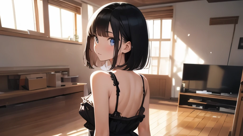 (Highest quality、High resolution:1.2)、Super detailed、Real、Long black hair、Bobcut、18-year-old female、composition、one&#39;s home、Absolutely stunning、Clear and bright eyes、cool、Big eyes、Close-set eyes、Where you are undressing、Sexy pose、Back view、