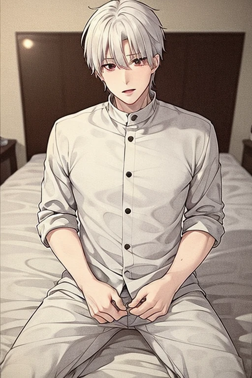 A young white haired handsome man with red eyes in a magic uniform is laying down on a bed