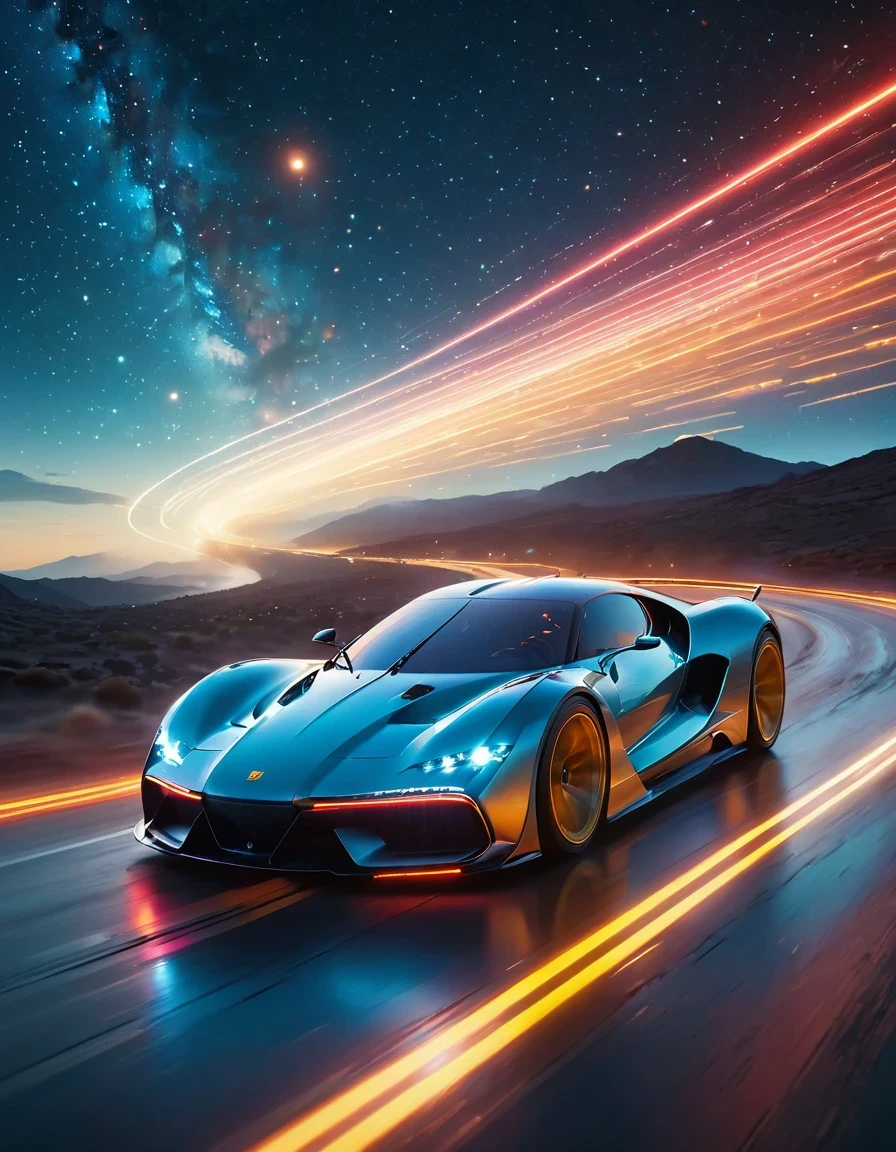 Motion Blur,Very detailed, high quality, masterpiece, fair, Motion trajectory, Motion trajectory, Magnificent futuristic universe starry sky,A car flies faster than the speed of light from the center of the screen,Car body afterimage,(Taillight afterimage:1.3), Dynamic light and shadow, Slight afterimage,author:Beeple Mike Winkelmann