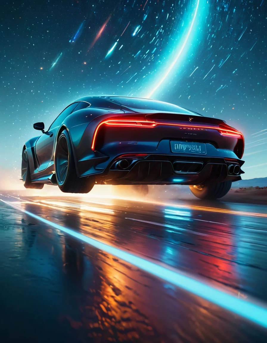 Motion Blur,Very detailed, high quality, masterpiece, fair, Motion trajectory, Motion trajectory, Magnificent futuristic universe starry sky,A car flies faster than the speed of light from the center of the screen,Car body afterimage,(Taillight afterimage:1.3), Dynamic light and shadow, Slight afterimage,author:Beeple Mike Winkelmann