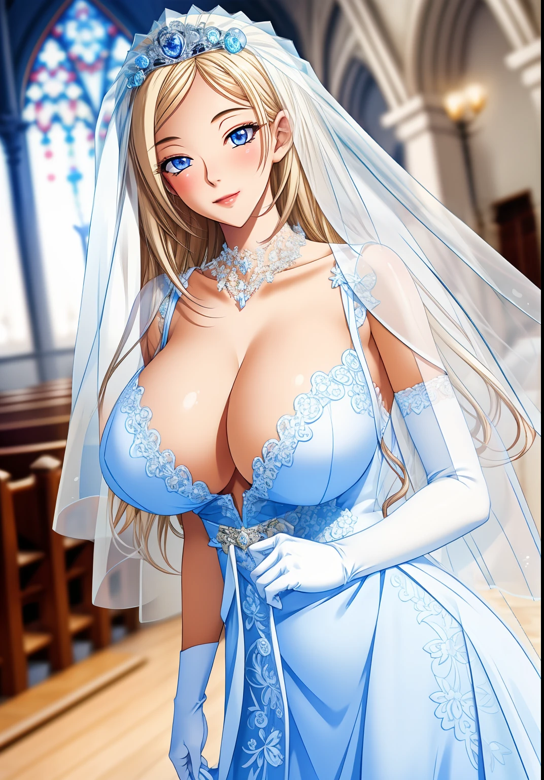 blue_Eye, long_hair, blonde hair, masterpiece, best quality, Game CG,high_detailed,extremely_detailed_CG_Unite_8k_wallpaper,illustration,high resolution,absurd,View, Light Particles, (1 Girl), portrait, Mature female,milf, church, stairs, (bride), (Princess), beautiful fingers,Beautiful long legs,Beautiful Body,beautiful nose,Beautiful character design, perfect Eye, perfect face, High Leg Raise, Gloves, blush, jewelry, bride_veil, necklace, (permanent), Huge breasts, Smile,