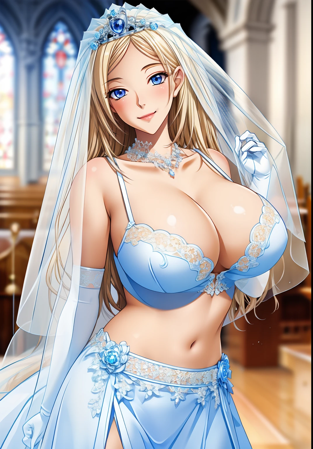 blue_Eye, long_hair, blonde hair, masterpiece, best quality, Game CG,high_detailed,extremely_detailed_CG_Unite_8k_wallpaper,illustration,high resolution,absurd,View, Light Particles, (1 Girl), portrait, Mature female,milf, church, stairs, (bride), (Princess), beautiful fingers,Beautiful long legs,Beautiful Body,beautiful nose,Beautiful character design, perfect Eye, perfect face, High Leg Raise, Gloves, blush, jewelry, bride_veil, necklace, (permanent), Huge breasts, Smile,