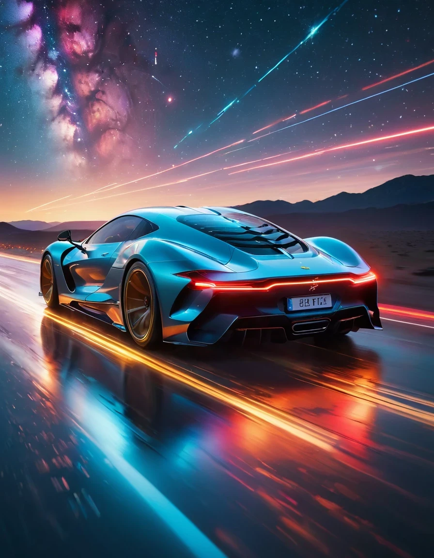 Motion Blur,Very detailed, high quality, masterpiece, fair, Motion trajectory, Motion trajectory, Magnificent futuristic universe starry sky,A car flies faster than the speed of light from the center of the screen,Car body afterimage,(Taillight afterimage:1.3), Dynamic light and shadow, Slight afterimage,author:Beeple Mike Winkelmann