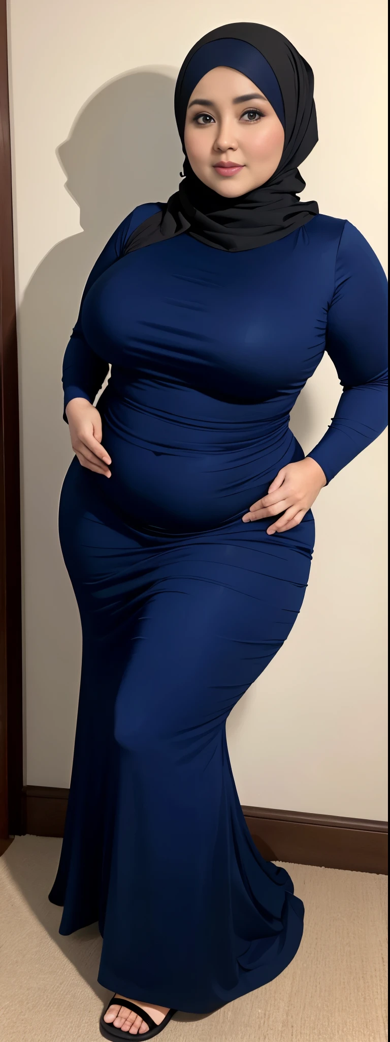 Chubby woman with fat belly and tight thighs, full body, 50-year-old mature woman, thick hips, thick neck, thick chest, big eyes, wearing a longest dress, wearing a hijab, hijabi woman, natasha nice 