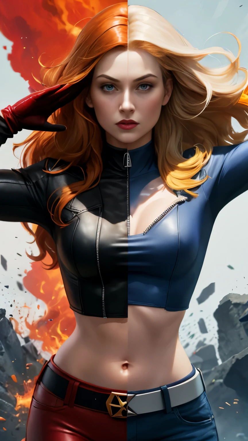 (High resolution), (highly detailed), (high quality,) realistic, beautiful, BREAK 1girl, jean-grey, SplitScreen, split screen, orange hair, belt, red leather unzip crop top jacket, black top shirt, red gloves, red leather pants, BREAK 1girl, Emma Frost, SplitScreen, split screen, blonde hair, belt, white leather unzip crop top jacket, blue top shirt, white gloves, white leather pants