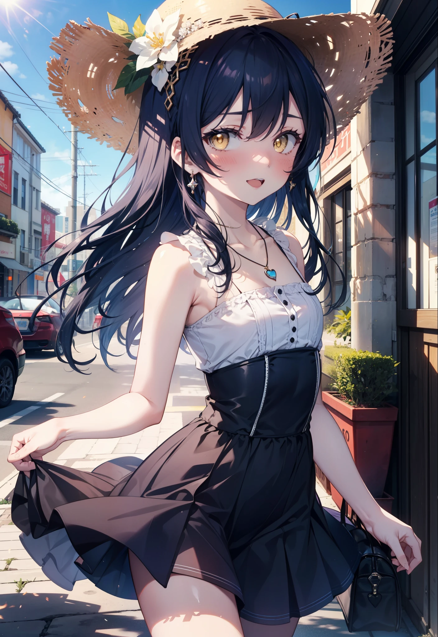 you are so kind, umi sonoda, Long Hair, Blue Hair, (Yellow Eyes:1.5) (Flat Chest:1.2),smile,blush,Open your mouth,Straw hat,Blue long skirt one-piece dress,Cute Sandals,Bare shoulders,Bare arms,bare clavicle,Bare neck,Heart Necklace,Clear skies,Daytime,Light of the sun,City Street,whole bodyがイラストに入るように,
break looking at viewer,whole body, (Cowboy Shot:1. 5)
break outdoors, In town,Building district,
break (masterpiece:1.2), highest quality, High resolution, unity 8k wallpaper, (figure:0.8), (Beautiful fine details:1.6), Highly detailed face, Perfect lighting, Highly detailed CG, (Perfect hands, Perfect ???????),