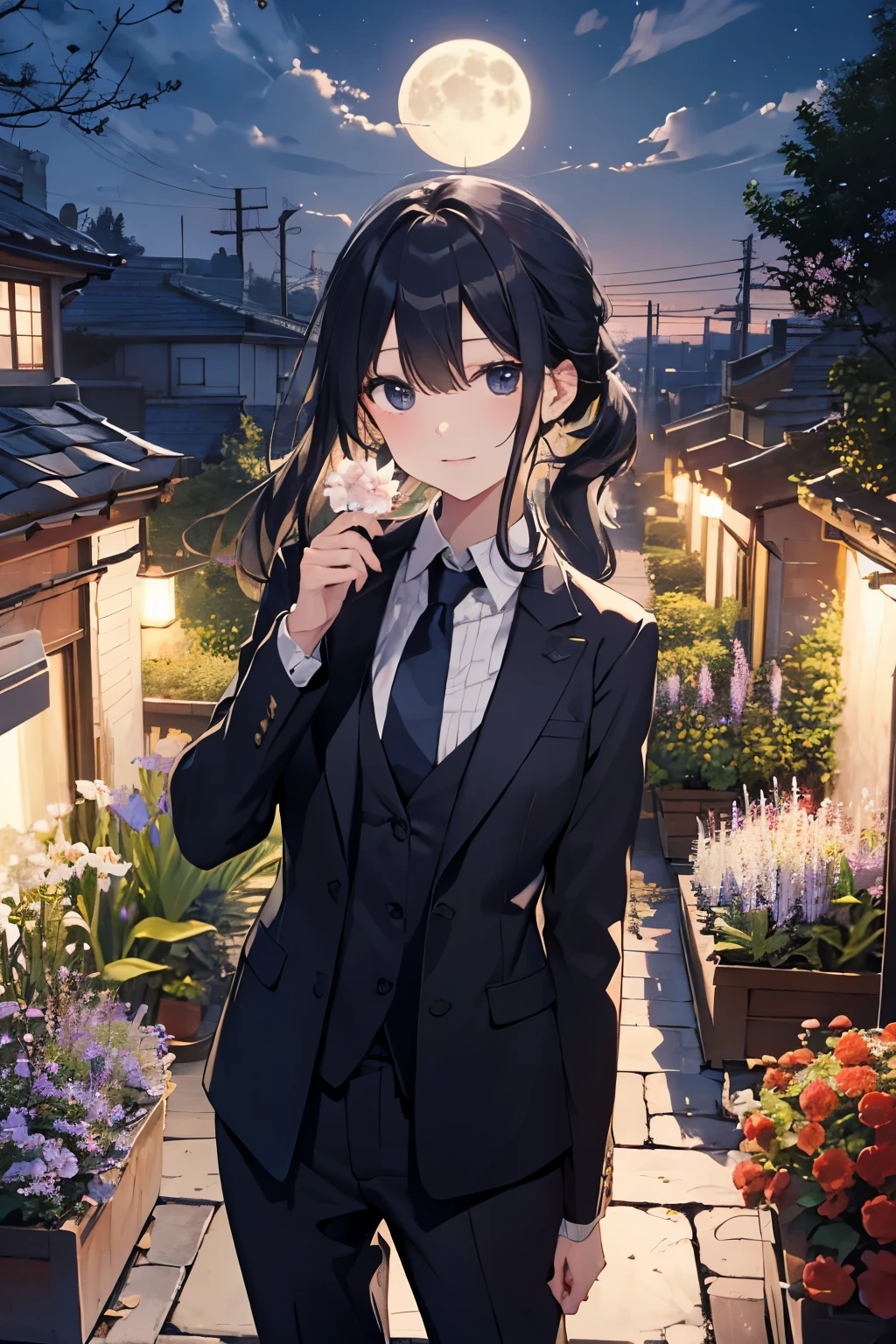 (Pretty sister:1.3)、Spring atmosphere、night、aggressive、garden、full moon、rooftop、suit