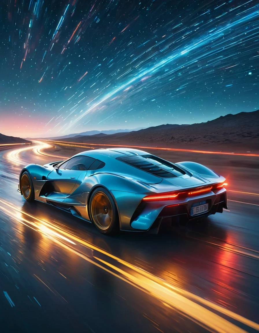 Motion Blur,Very detailed, high quality, masterpiece, fair, Motion trajectory, Motion trajectory, Magnificent futuristic universe starry sky,A car flies faster than the speed of light from the center of the screen,Car body afterimage,(Taillight afterimage:1.3), Dynamic light and shadow, Slight afterimage,author:Beeple Mike Winkelmann