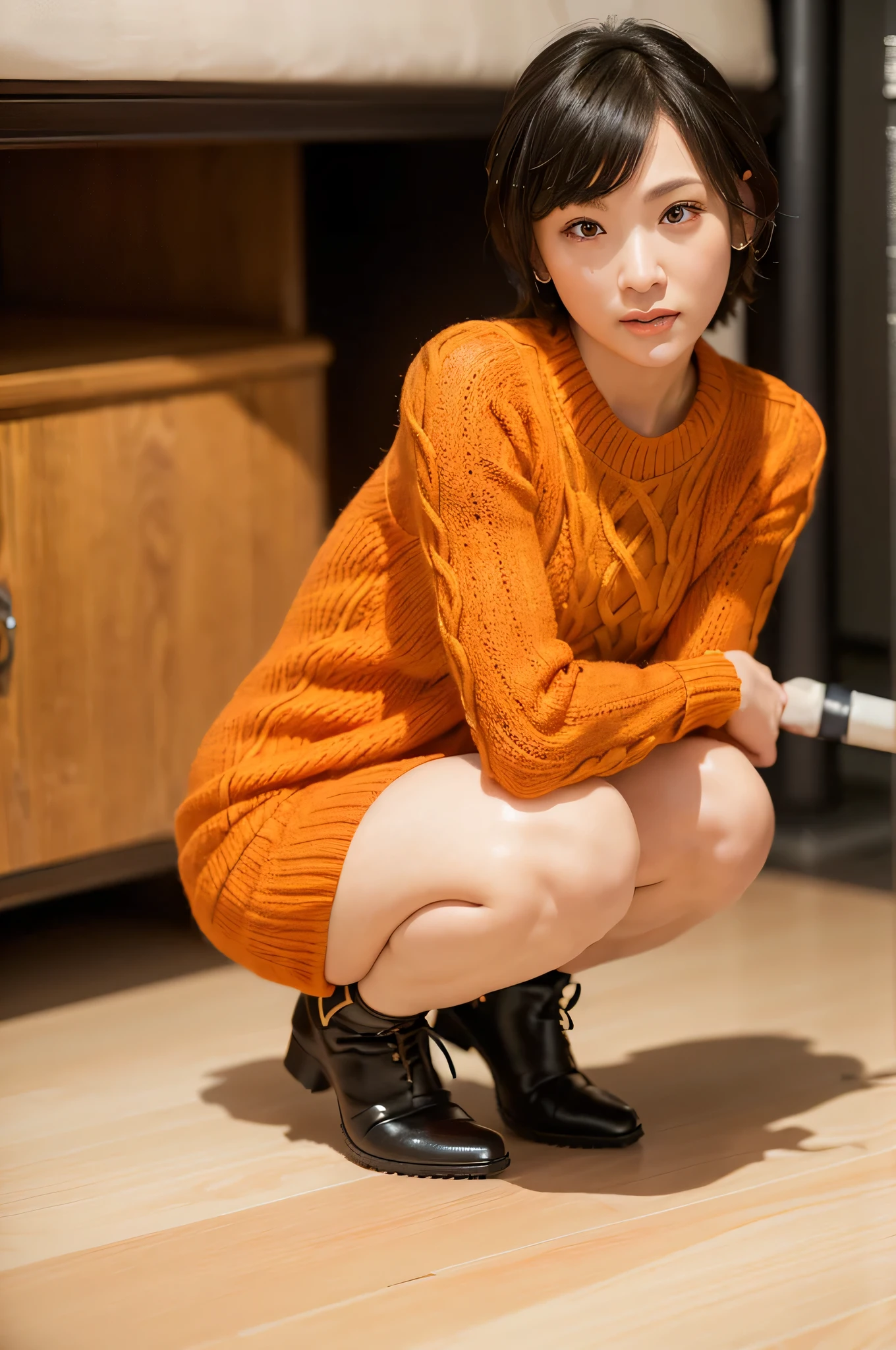full body, (turtlenec cable knit mini bodycon dress:1.2) ,1girl,solo,
(8k, RAW photo, best quality, masterpiece:1.3),(realistic, photo-realistic:1.37),realistic skin texture,(photorealistic:1.3),(hyperrealistic:1.2), short hair, squatting, (orange clothes)