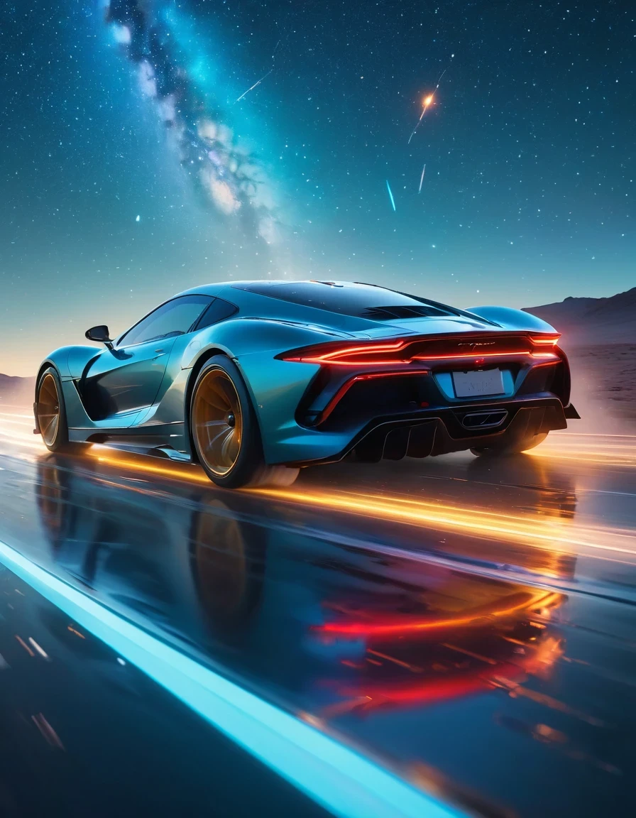 Motion Blur,Very detailed, high quality, masterpiece, fair, Motion trajectory, Motion trajectory, Magnificent futuristic universe starry sky,A car flies faster than the speed of light from the center of the screen,Car body afterimage,(Taillight afterimage:1.3), Dynamic light and shadow, Slight afterimage,author:Beeple Mike Winkelmann