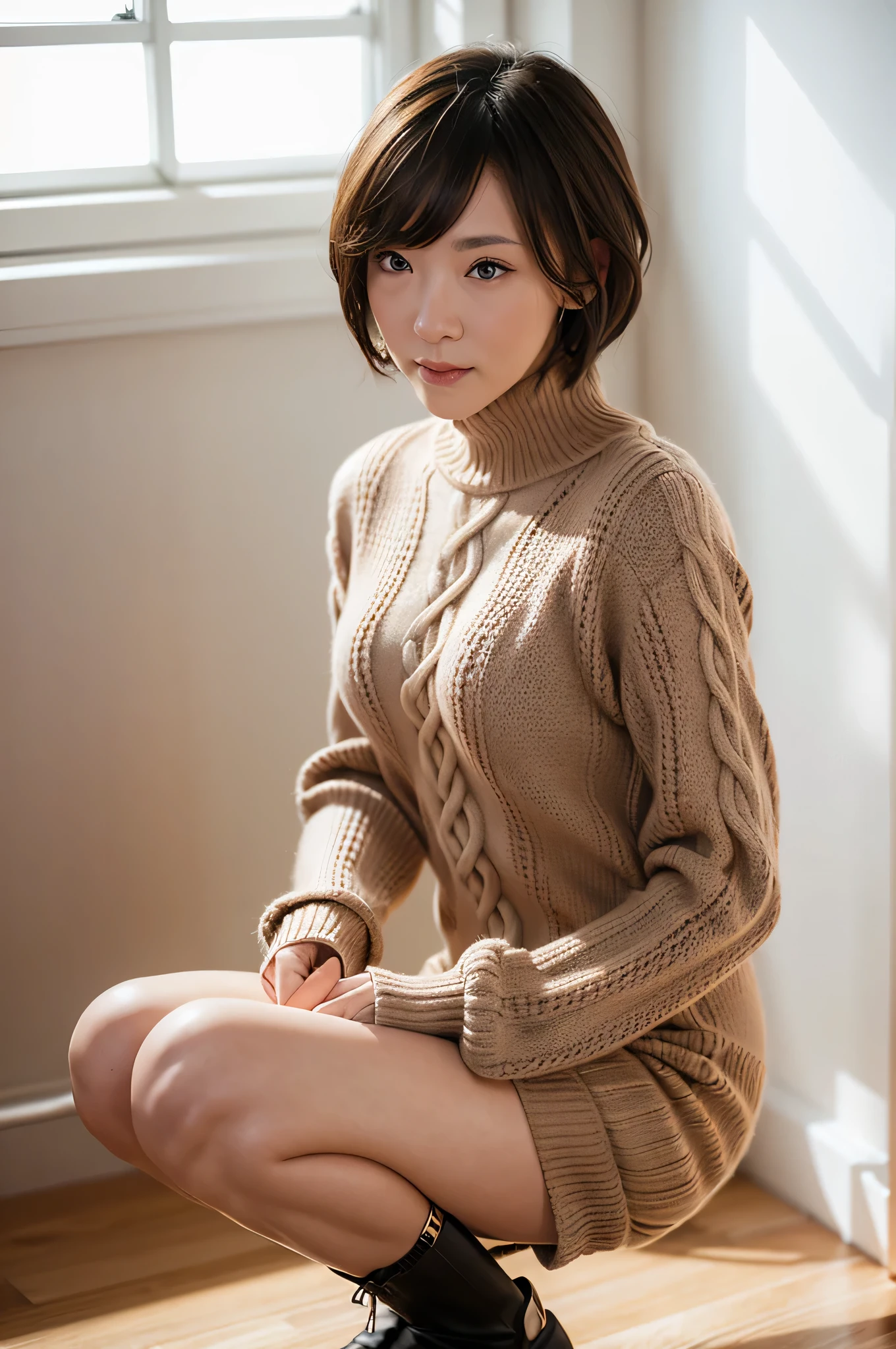 1 japanese female,(disheveled extra fluffy pixie cut:1.2)、8K、RAW photo、high quality、high quality、Extremely detailed photography、An eye for detail、super detail face、Super detailed reproduction of hair、super detail body、(photography lighting:1.3)、dark brown short hair、good lips、natural makeup、 (Dark grey cable knit turtleneck sweater:1.2)、(fine fabric:1.3), (slanted eyes)、tilting head, (huge breasts:1.2), thick thighs, thick waist, (realistic, photorealism: 1.37),(fullbodyshot),(hiheels),(standing),looking at viewer