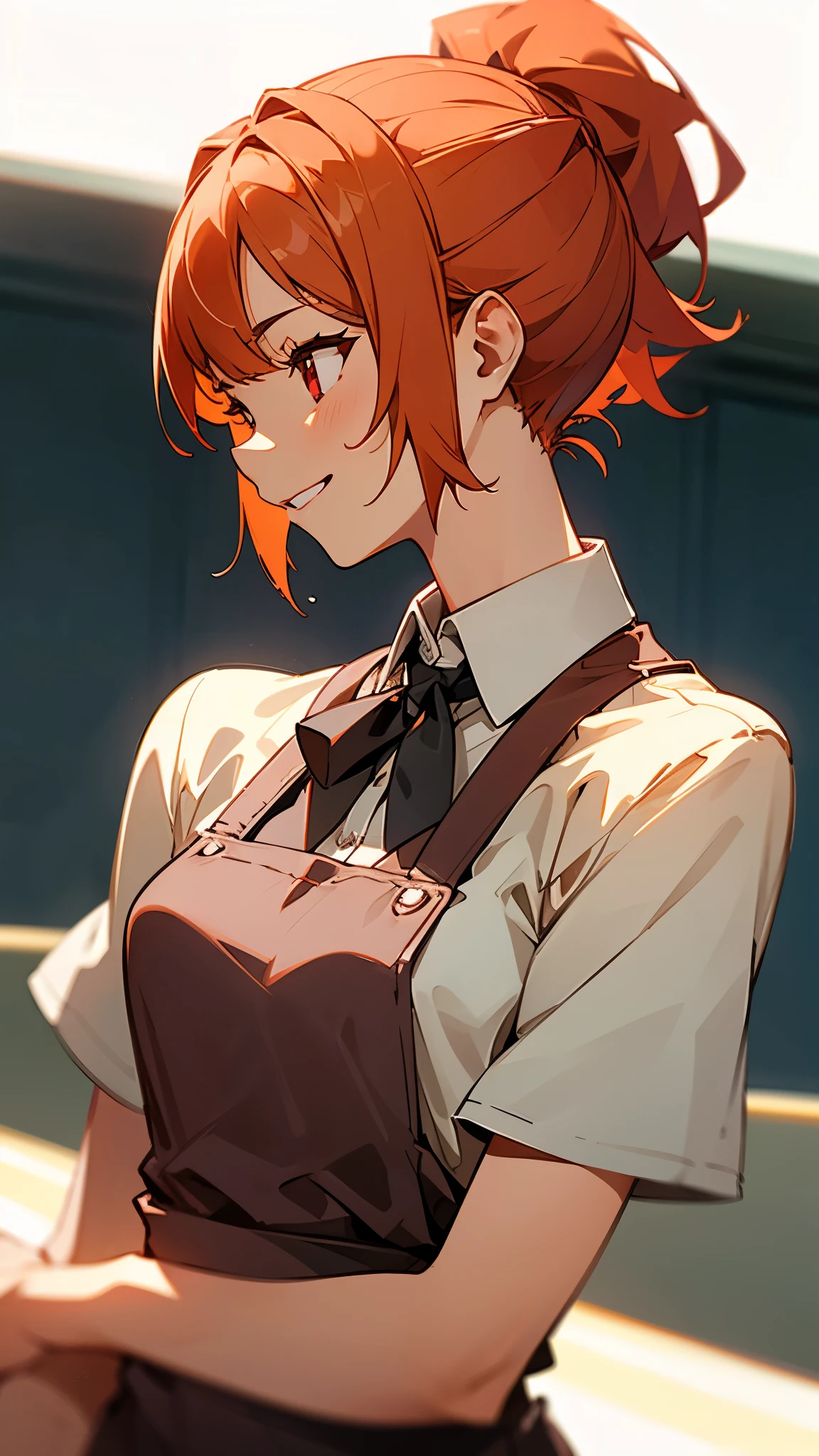 1girl、Orange Hair、ponytail、round red eyes、short hair、Grin、profile、Upper body close-up、Morning Cafe Terrace、Background blur, Written boundary depth