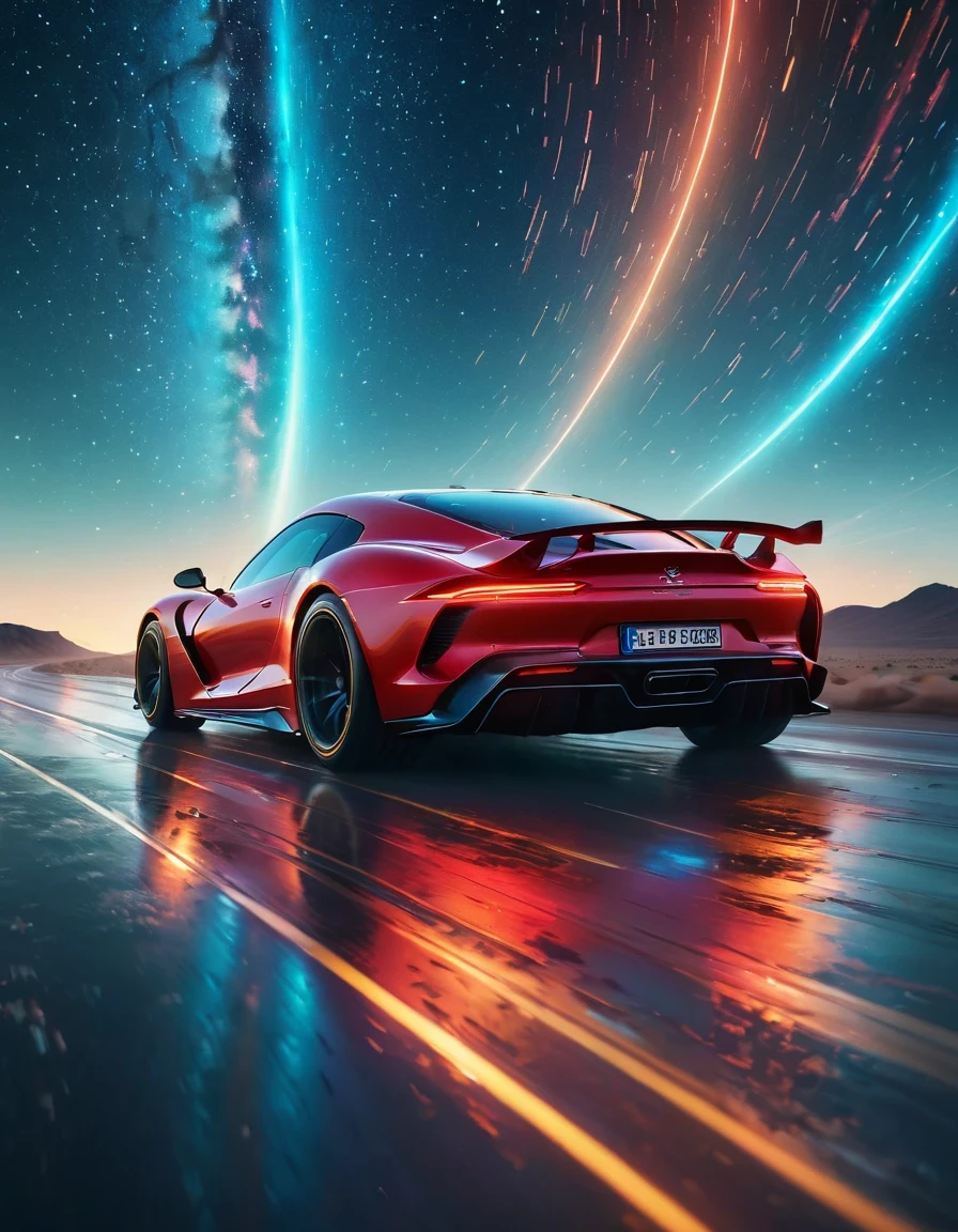 Motion Blur,Very detailed, high quality, masterpiece, fair, Motion trajectory, Motion trajectory, Magnificent futuristic universe starry sky,A car flies faster than the speed of light from the center of the screen,Car body afterimage,(Taillight afterimage:1.3), Dynamic light and shadow, Slight afterimage,author:Beeple Mike Winkelmann