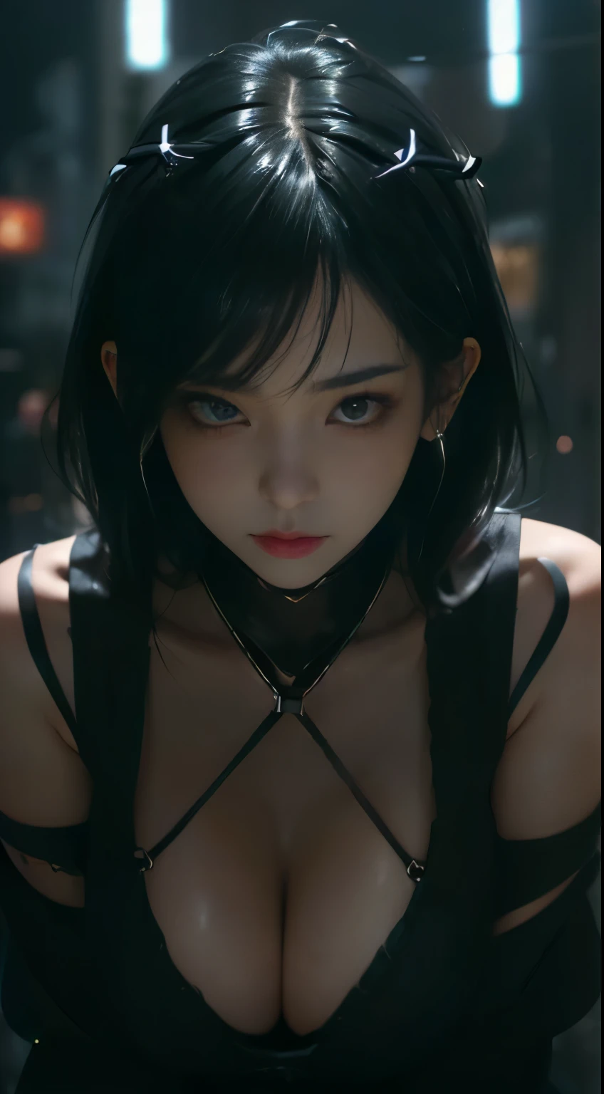Cinematic lighting、(Key Light:Front 45 degree angle, Fill Light、Backlight、Shadow、Blue and orange color palette), Accurate human body、knowledgeable person、Correct five-finger、Raw photo、4K - ultra-vivid、highest quality, masterpiece, Ultra-high resolution, (reality: 1.4),
(((Oilskin,Glowing Skin、Realistic skin texture、Fine and beautiful skin、Glowing Skin、Glowing Skin)))、
Beautiful young, 19-year-old girl, Attractive girl, Cool girl、Black Mask、Purple and black hair、(Pierced Ears、big breasts、An oversized white t-shirt with open shoulders)、((Heavy makeup、Oilskin,Glowing Skin、Realistic skin texture、Fine and beautiful skin、Glowing Skin)), Dark downtown at night、Goth Makeup、Kabukicho、(Full Shot:1.8)、Thin legs、Thin arms、Narrow shoulders、Narrow waist、Slender body、Beautiful breasts、whole body、Sexy pose、(((Big Breasts、big breasts)))、