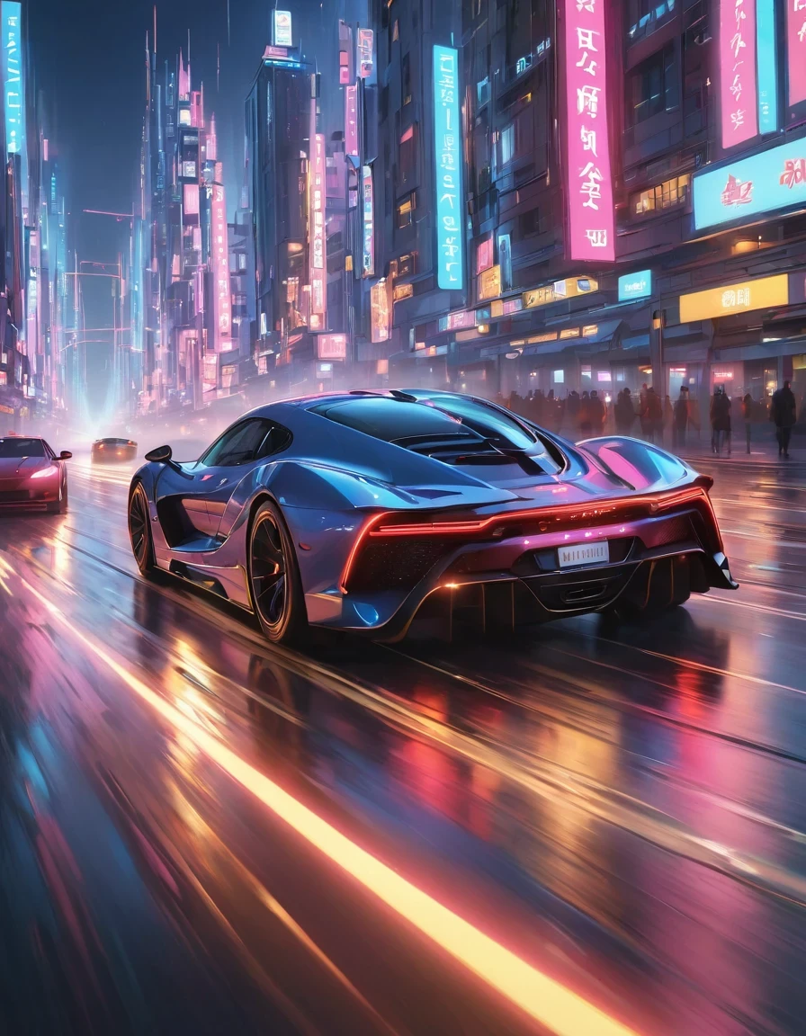 Motion Blur,Very detailed, high quality, masterpiece, fair, Motion trajectory, Motion trajectory, A futuristic city full of neon lights,A car speeds past the center of the screen,Car body afterimage,(Taillight afterimage:1.3), Dynamic light and shadow, Slight afterimage,author:Beeple Mike Winkelmann