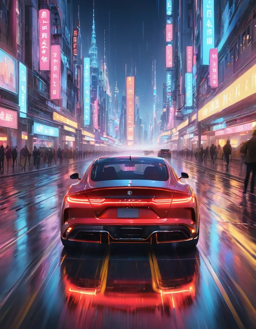 Motion Blur,Very detailed, high quality, masterpiece, fair, Motion trajectory, Motion trajectory, A futuristic city full of neon lights,A car speeds past the center of the screen,Car body afterimage,(Taillight afterimage:1.3), Dynamic light and shadow, Slight afterimage,author:Beeple Mike Winkelmann