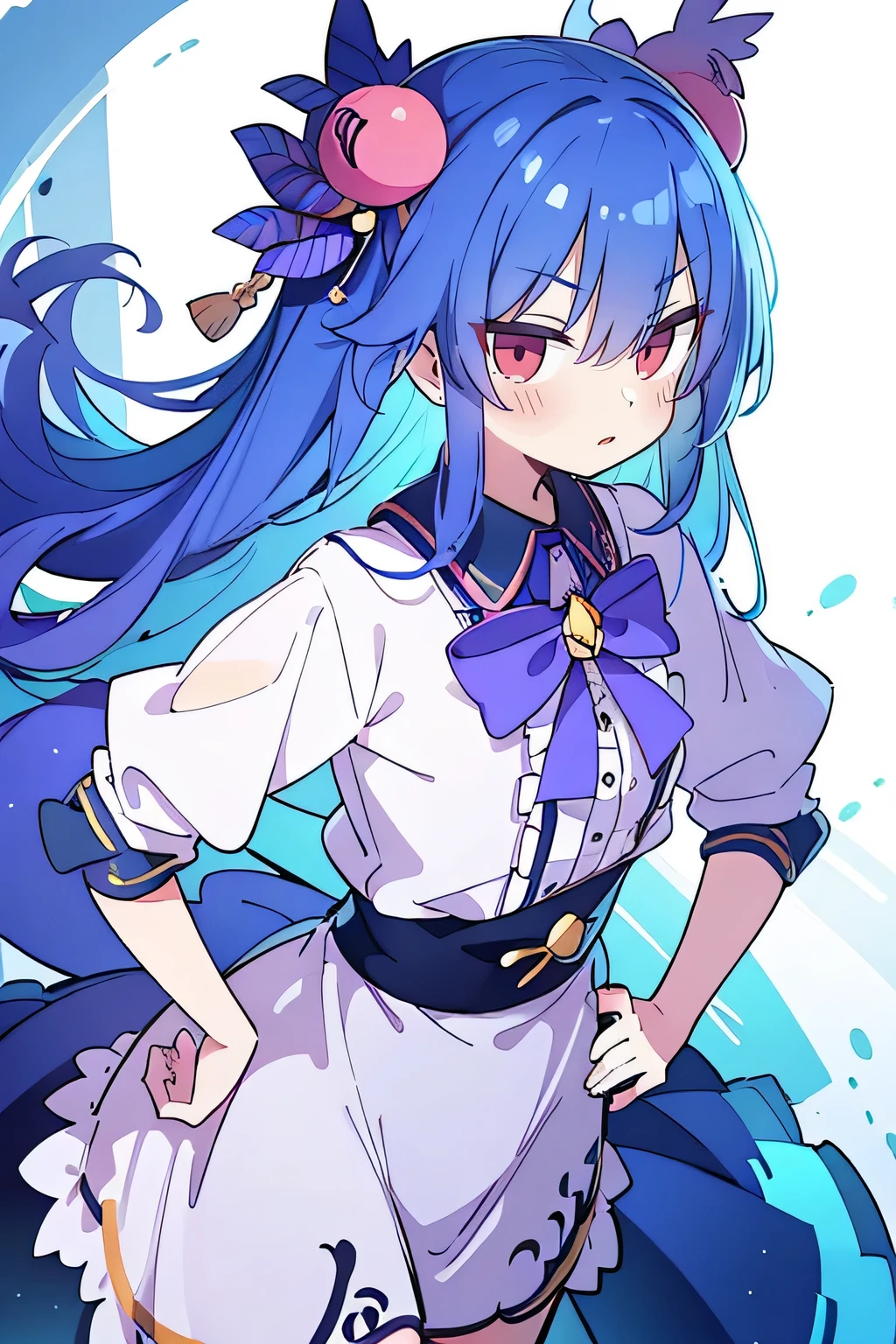 (masterpiece),best quality, expressive eyes, perfect face, 1girl,
 Hands on waist,fair, Gorgeous,Japanese cartoons,girl,lola,Hina Angel, Blue Hair, Blue Haired, floating clothes,Grab your waist, Grab your waist, Hands on Hips , Hands on Hips,flat chest,night,