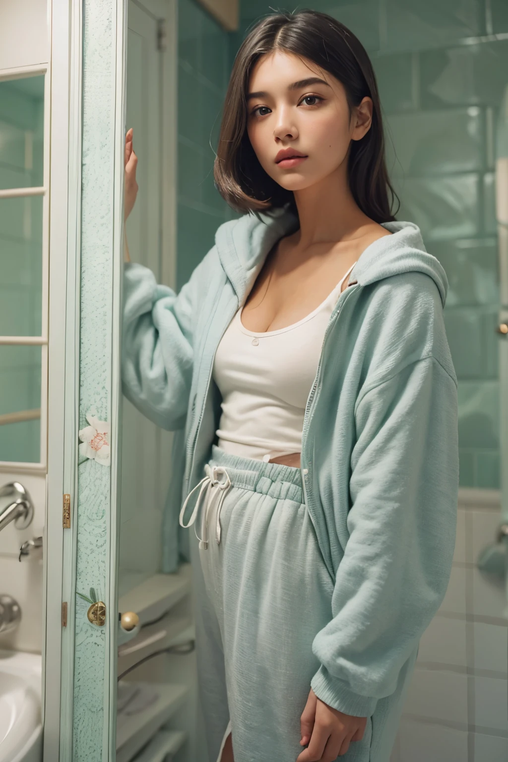 Araped woman with pulled back hair, Mint-colored, stylish bathroom, Madison Beer, without makeup, Profile picture, Use Instagram Filters, Subtle soft and dim light,  perfect face, julia sardinian, perfect hands, Random Actions, Full-body view, 