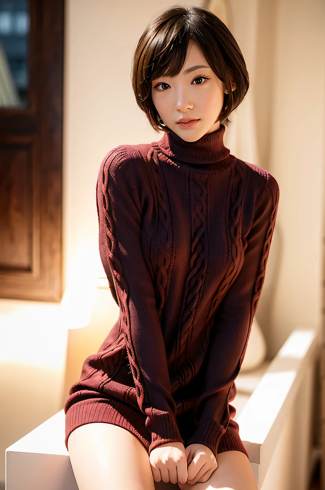 full body, (turtleneck cable knit mini bodycon dress:1.2) ,1girl,solo,
(8k, RAW photo, best quality, masterpiece:1.3),(realistic, photo-realistic:1.37),realistic skin texture,(photorealistic:1.3),(hyperrealistic:1.2), short hair, leaning forward, (crimson colored clothes)