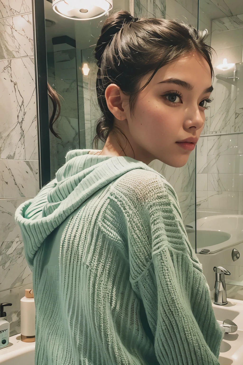 Araped woman with pulled back hair, Mint-colored, stylish bathroom, Madison Beer, without makeup, Profile picture, Use Instagram Filters, Subtle soft and dim light, perfect face, julia sardinian, perfect hands, Random Actions, Full-body view,