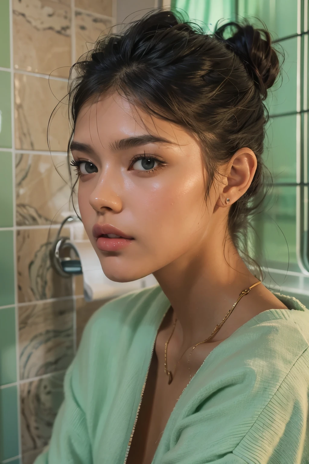 Araped woman with pulled back hair, Mint-colored, stylish bathroom, Madison Beer, without makeup, Profile picture, Use Instagram Filters, Subtle soft and dim light, perfect face, julia sardinian, perfect hands, Random Actions, Full-body view,