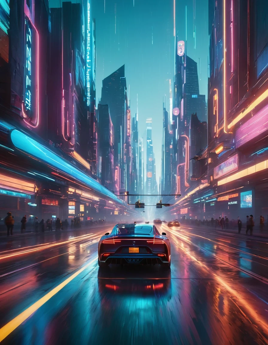 Motion Blur,Very detailed, high quality, masterpiece, fair, Motion trajectory, Motion trajectory, A futuristic city full of neon lights,A car speeds past the center of the screen,Car body afterimage,(Taillight afterimage:1.3), Dynamic light and shadow, Slight afterimage,author:Beeple Mike Winkelmann