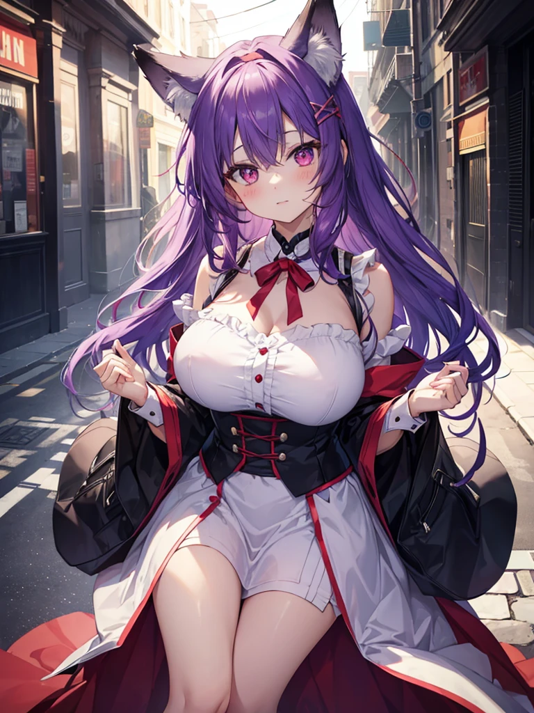 Fox Girl, Big Breasts, Voluminous purple hair, masterpiece , Red eyes、Blushed cheeks、 hd, from head to chest, buried in my chest、Underbust、piece、headband on head