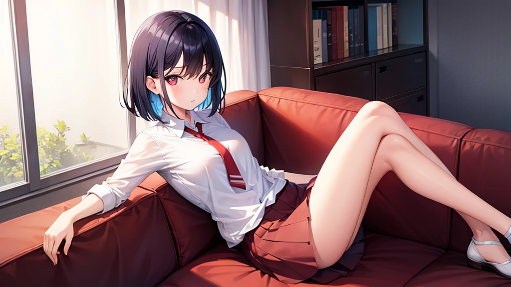 ((One Woman))、Full Body、NFSW、masterpiece、Highest quality、Ultra-high resolution、Award-winning、Perfect golden ratio、Medium-sized elementary school girl、red and large eyes,、Black hair medium shorthair、The inside of the hair has blue coloring.、((The time is night))、Sitting on the sofa、Seductive pose、poses that invite sex、Sensual pose、Red tie
