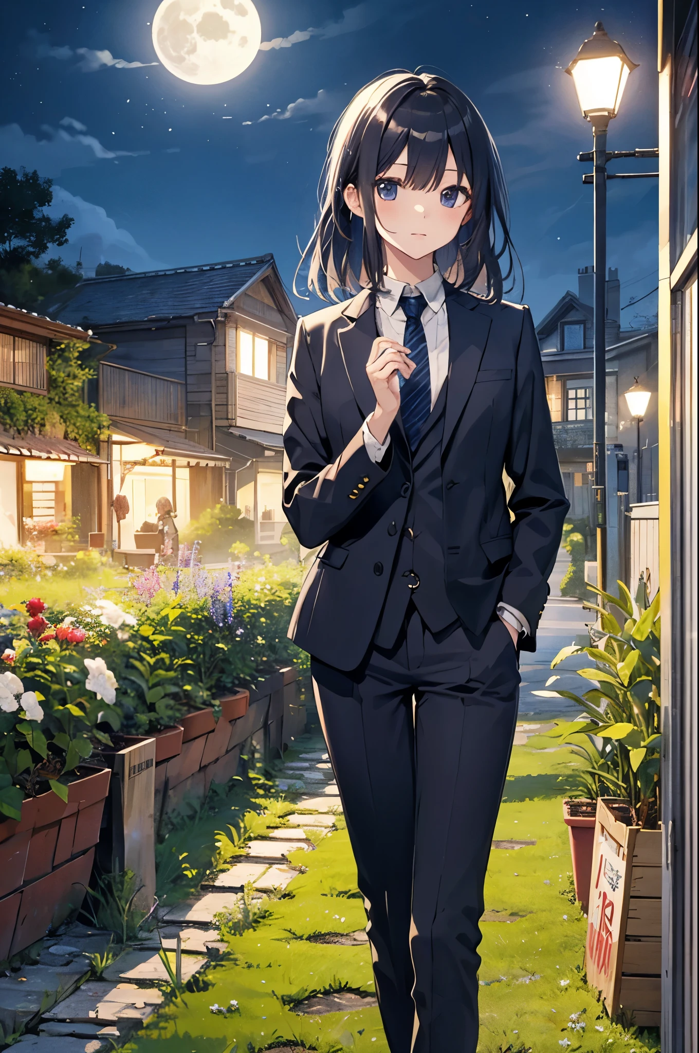 (Pretty sister:1.3)、Spring atmosphere、night、aggressive、garden、full moon、rooftop、suit